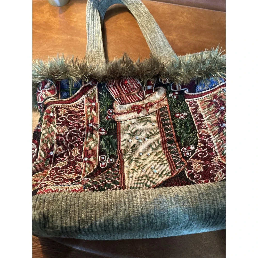 VTG Handmade Tapestry Christmas Tote Bag with Christmas Stockings And Bling